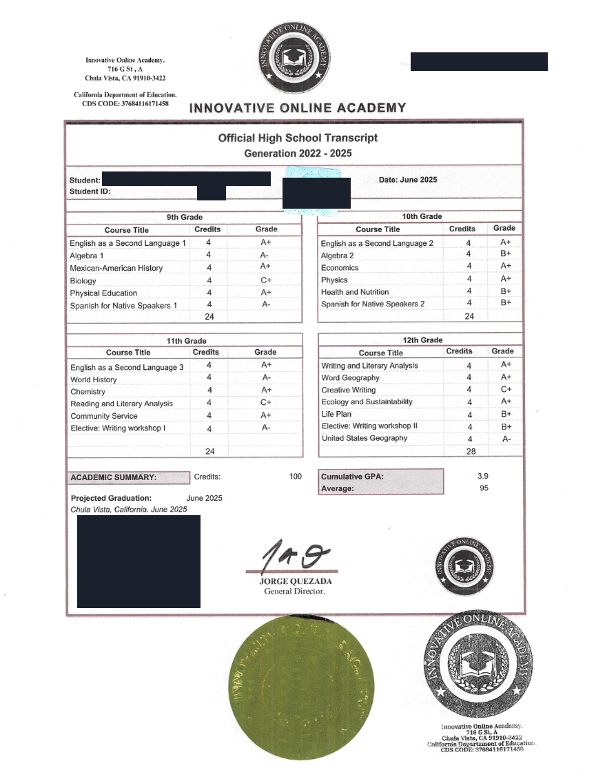 Ejemplo de certificado Innovative Online Academy (USA), con los datos personales de la persona titular tapados