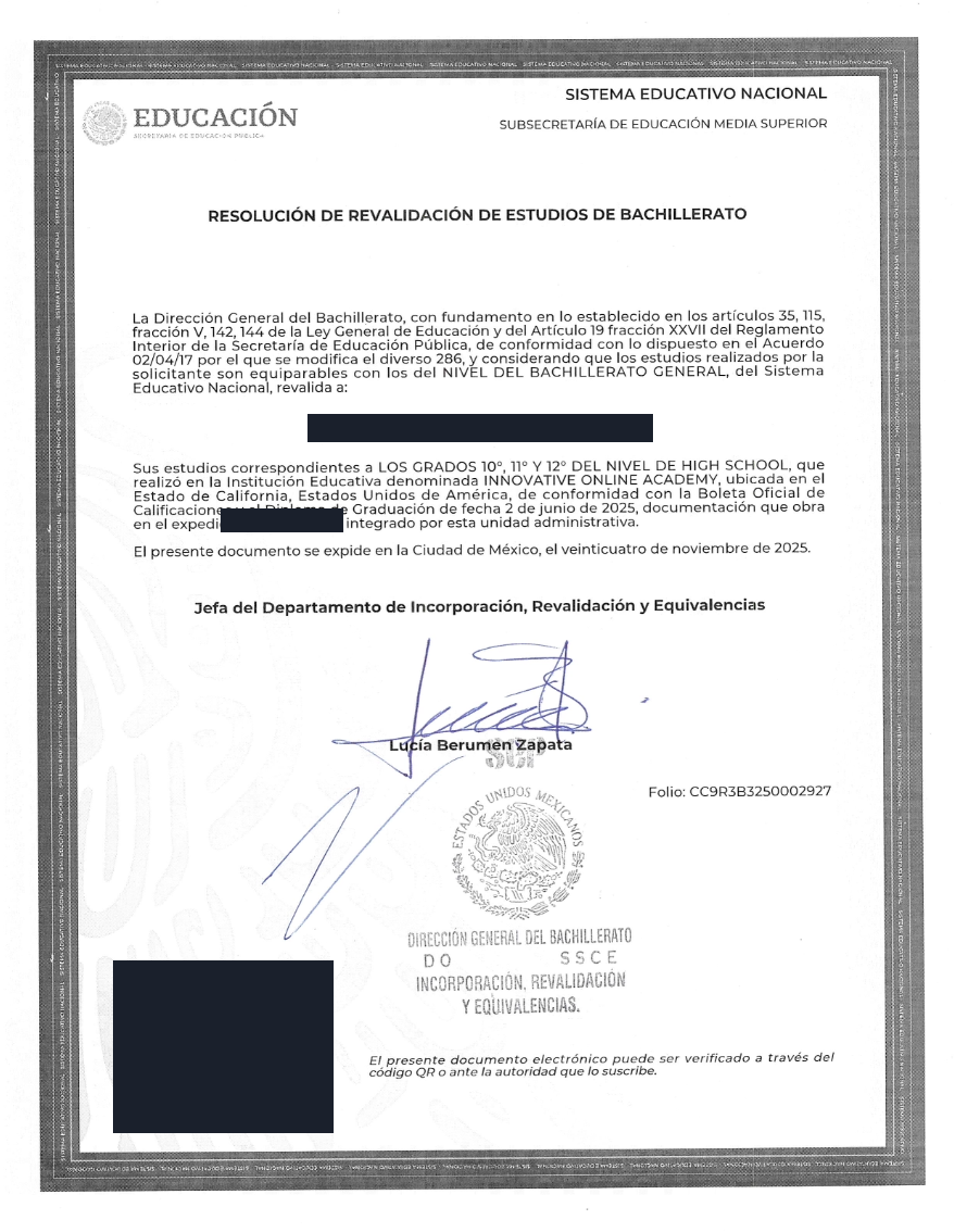 Ejemplo de Resolución de Revalidación SEP (México), con los datos personales de la persona titular tapados
